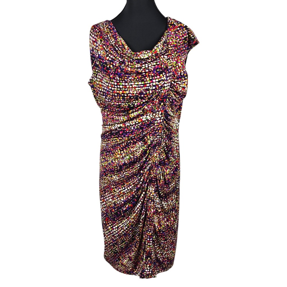 Alfani Sheath Dress Women Size 12 Multi Color Mosaic Dot Ruched Side Cowl Neck